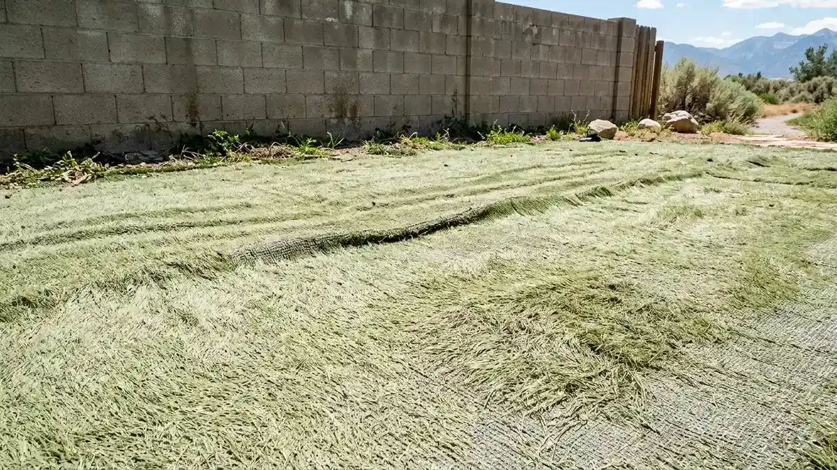 Aging cheap artificial turf in a Utah yard showing faded blades, ripples, and matted patches from poor installation