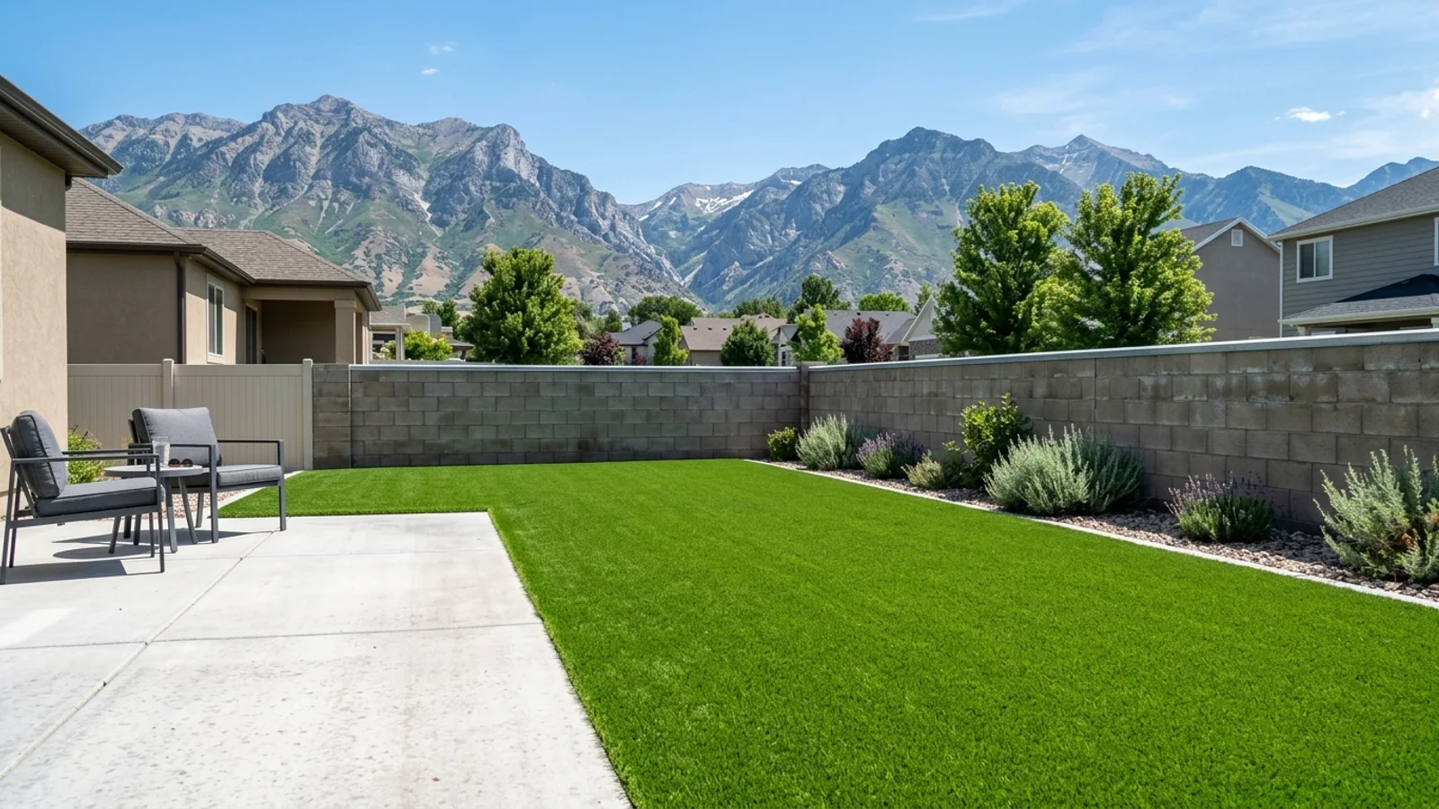 Freshly installed artificial turf backyard in a Salt Lake City neighborhood with clean patio edges and the Wasatch mountains behind it