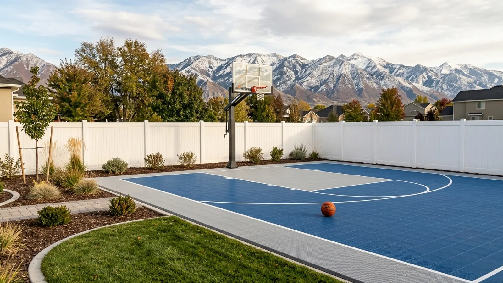 Finished blue and gray modular tile backyard basketball court with an adjustable hoop at a Utah home with the Wasatch Mountains behind the fence