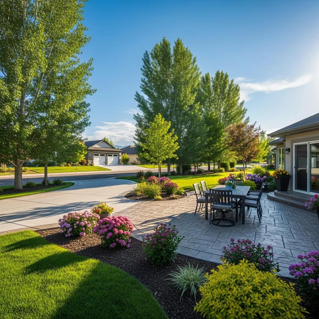 Beautifully installed concrete patio and driveway in a residential setting in Sandy, Utah