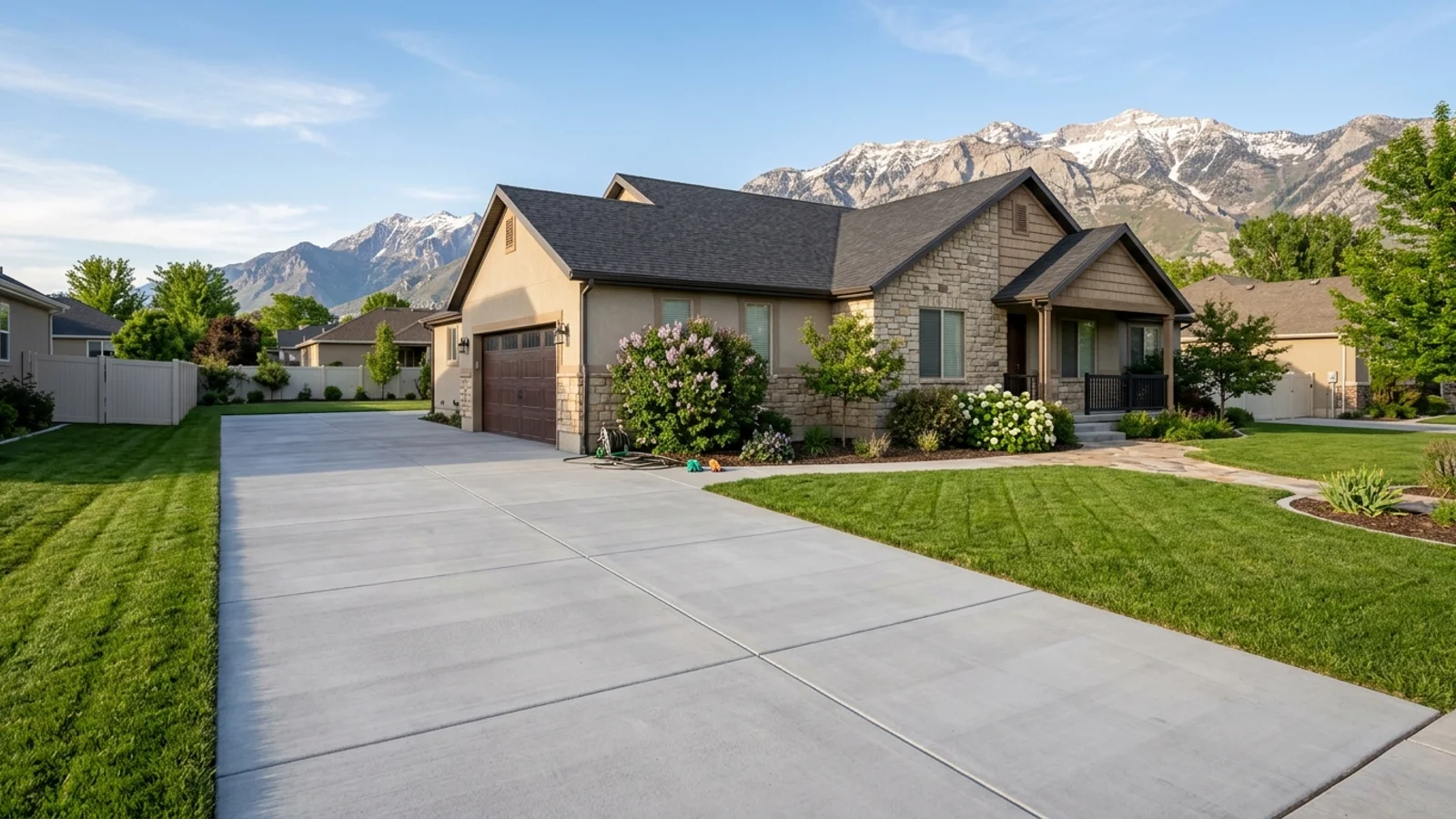 Newly poured broom-finished concrete driveway at a Wasatch Front home with the Utah mountains behind it