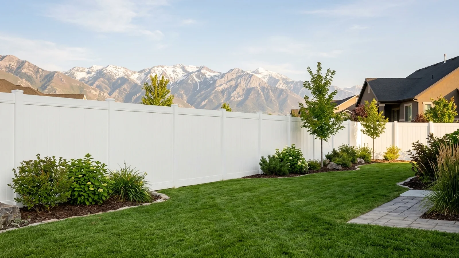 A spotless bright-white vinyl privacy fence along a Sandy, Utah backyard with the Wasatch Mountains in the background.