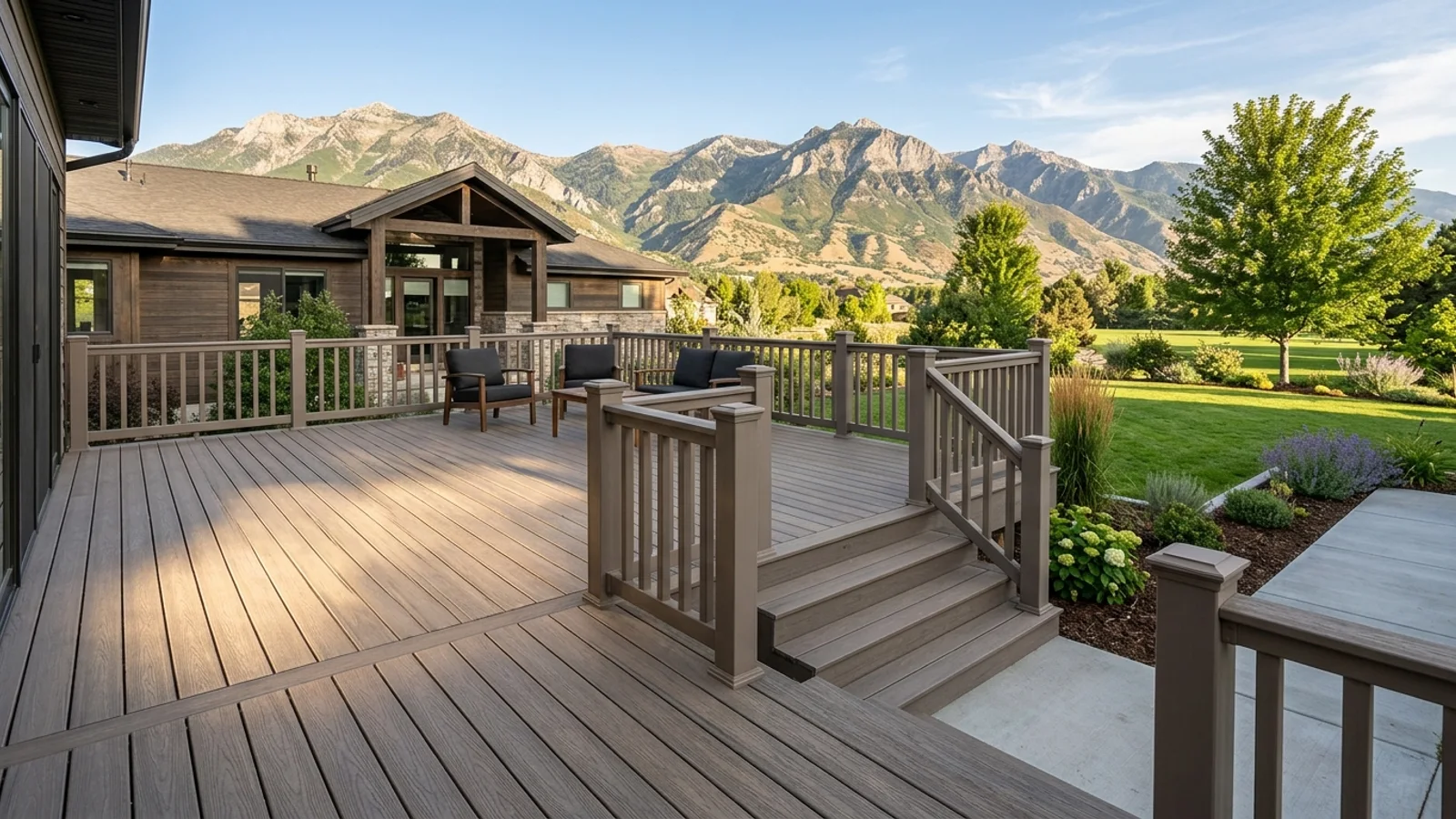 A finished composite deck with matching railing on a Wasatch Front home, mountains in the background on a clear summer afternoon