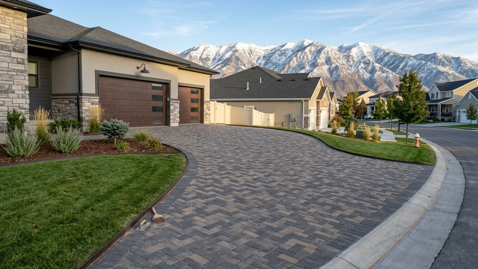 Finished charcoal-and-tan herringbone paver driveway at a South Jordan, Utah home with the snow-dusted Wasatch Mountains behind