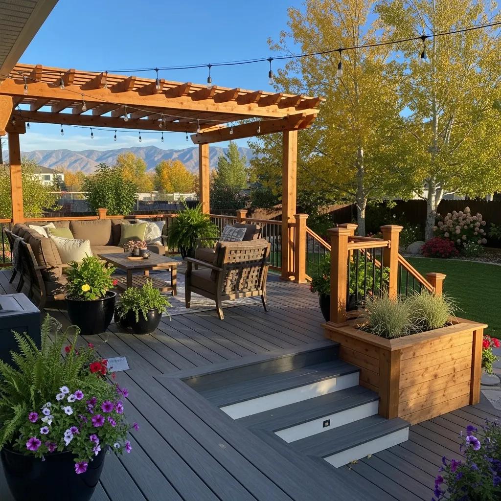 Custom deck installation showcasing composite and cedar materials in a sunny backyard