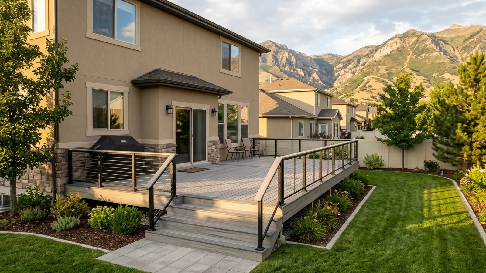 Newly finished composite backyard deck on a two-story Utah home with Wasatch Front foothills behind