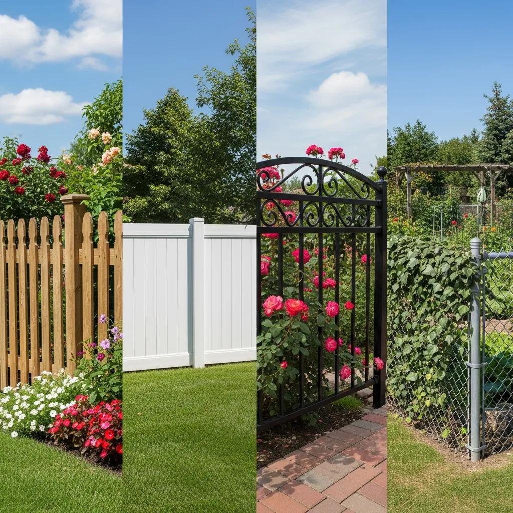 Different types of fencing materials including wood, vinyl, and wrought iron in a garden setting