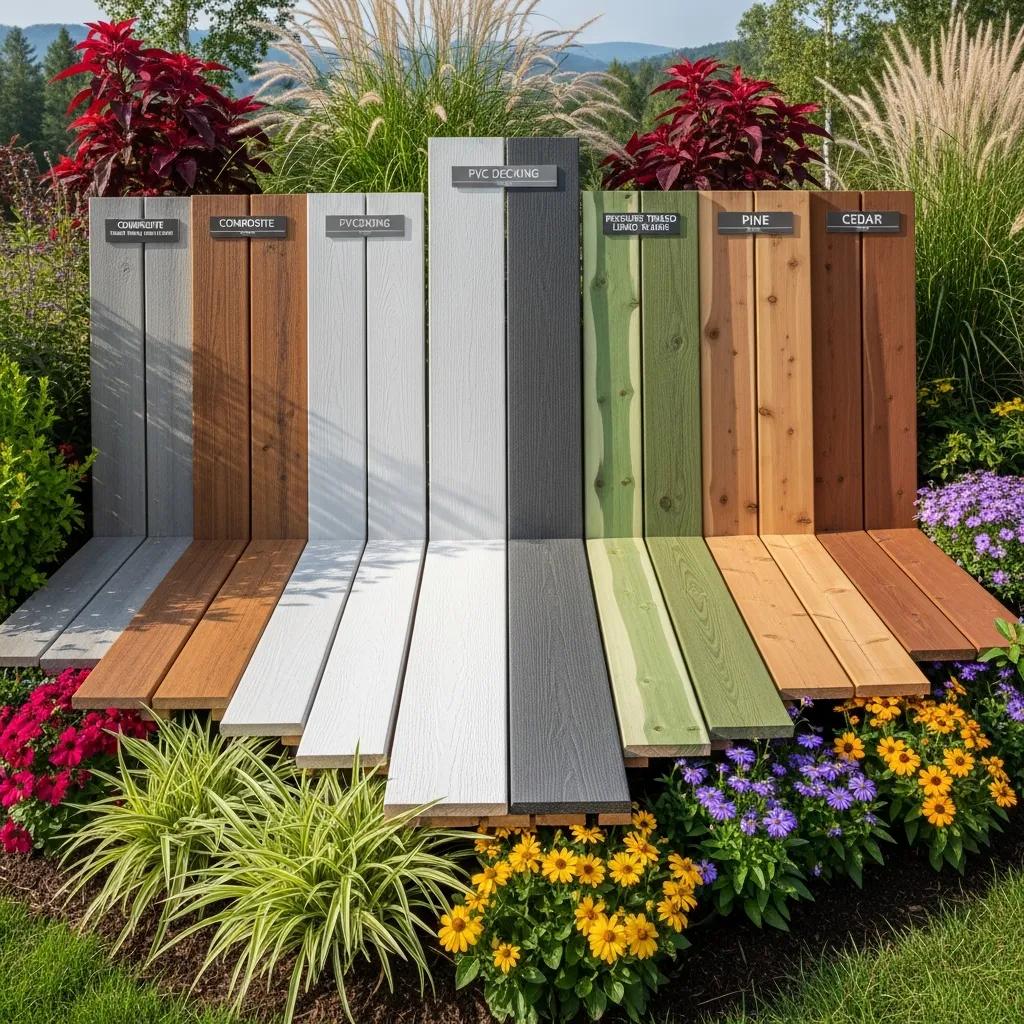 Display of deck materials including composite, PVC, treated lumber, and cedar in an outdoor setting