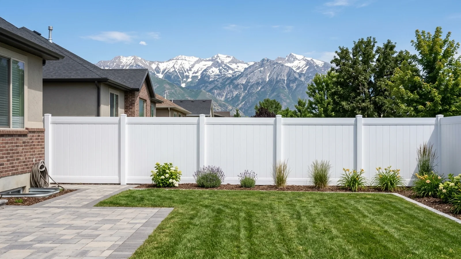 New white vinyl privacy fence along a Sandy, Utah backyard with the snow-dusted Wasatch mountains in the background