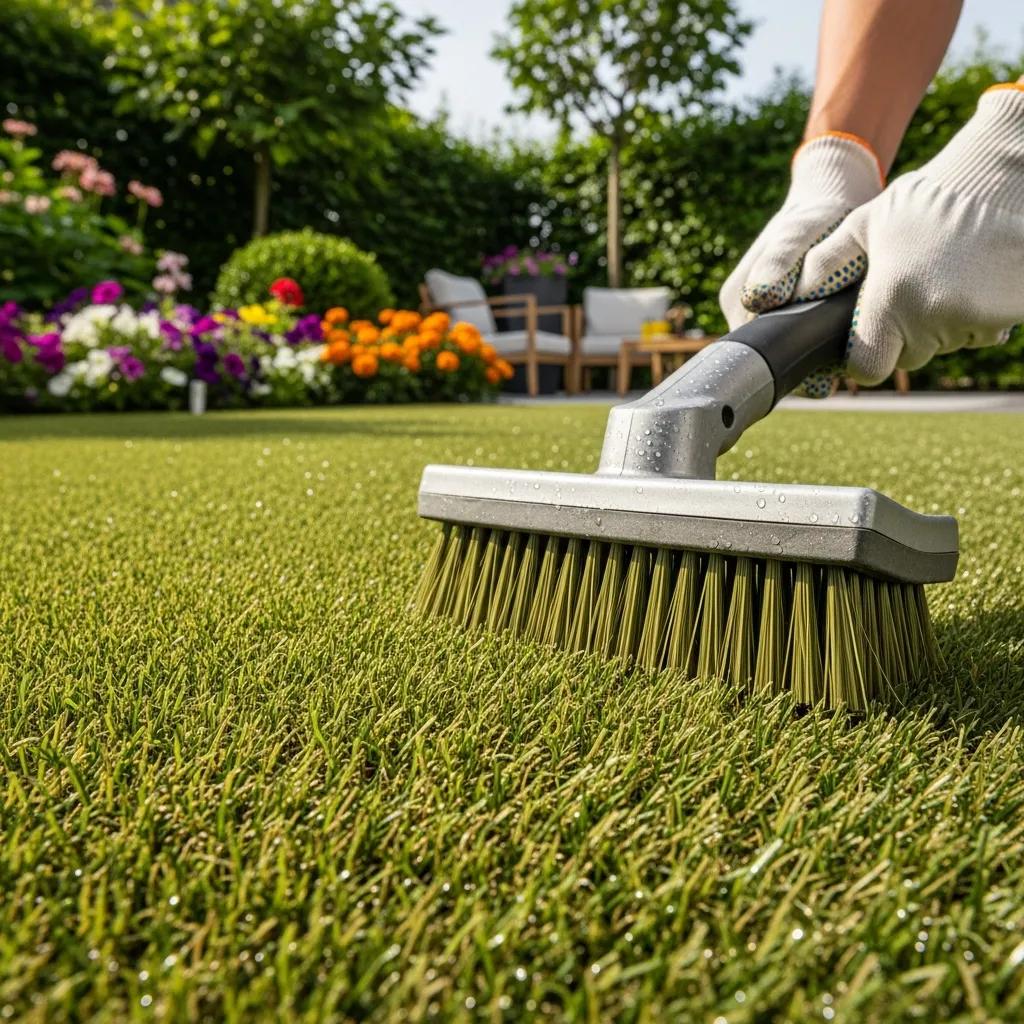 Homeowner brushing artificial turf to maintain its appearance, highlighting easy maintenance