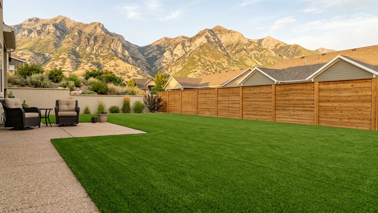 Lush green artificial turf lawn in a Sandy, Utah backyard with the Wasatch Mountains in the background under warm summer light