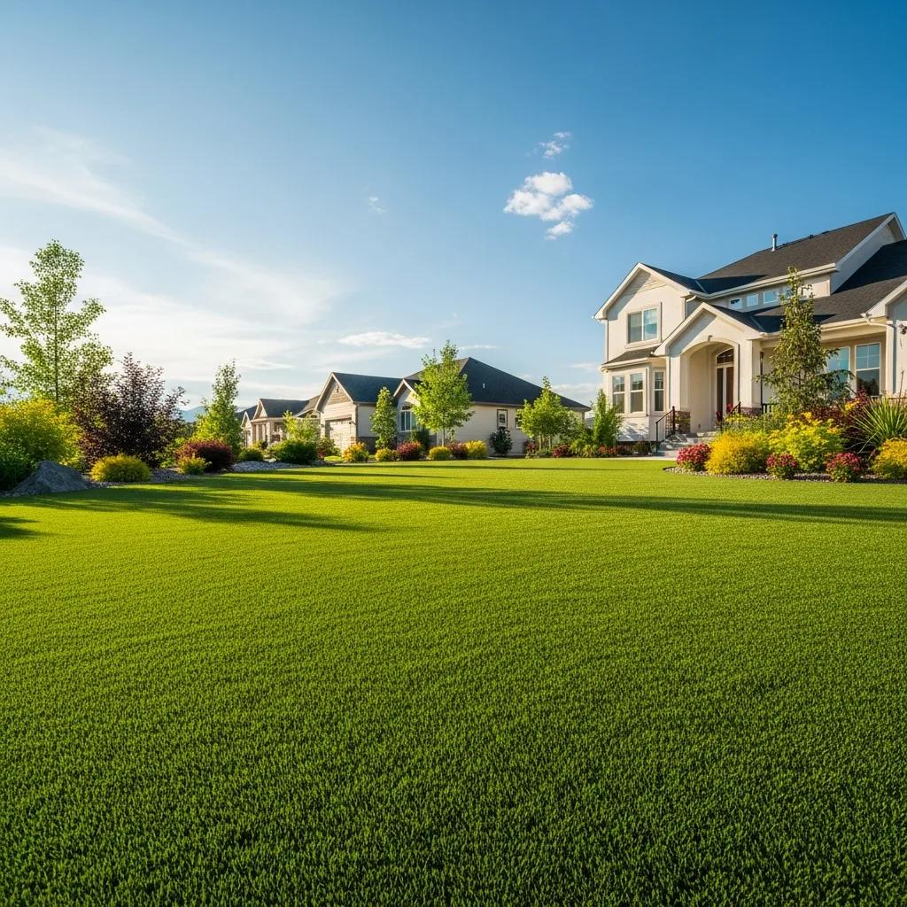 Lush artificial turf lawn in a sunny suburban setting, highlighting low-maintenance landscaping