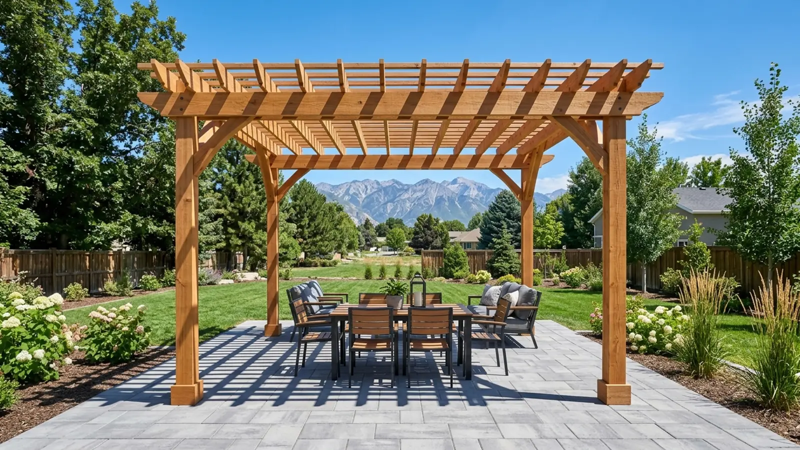 Cedar pergola over a paver patio in a Salt Lake City backyard with the Wasatch mountains behind it