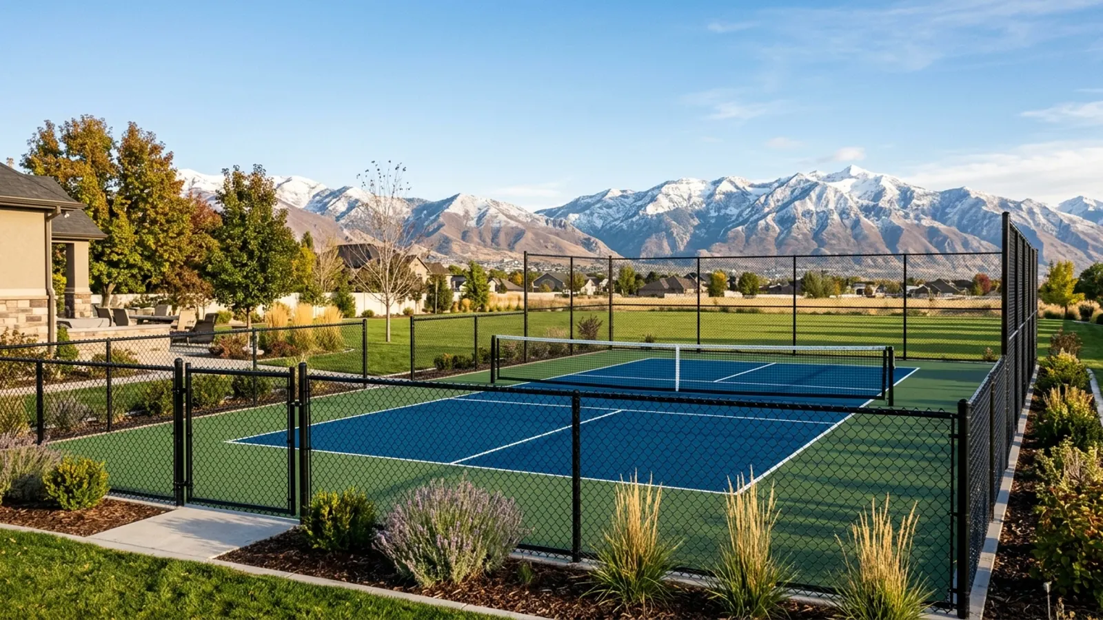 Finished blue-and-green backyard pickleball court with black perimeter fencing on a South Jordan lot, snow-dusted Wasatch Mountains behind