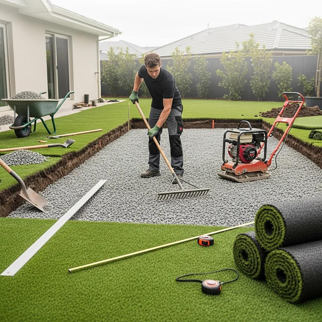 Professional installer preparing the base for artificial turf installation, showcasing tools and materials