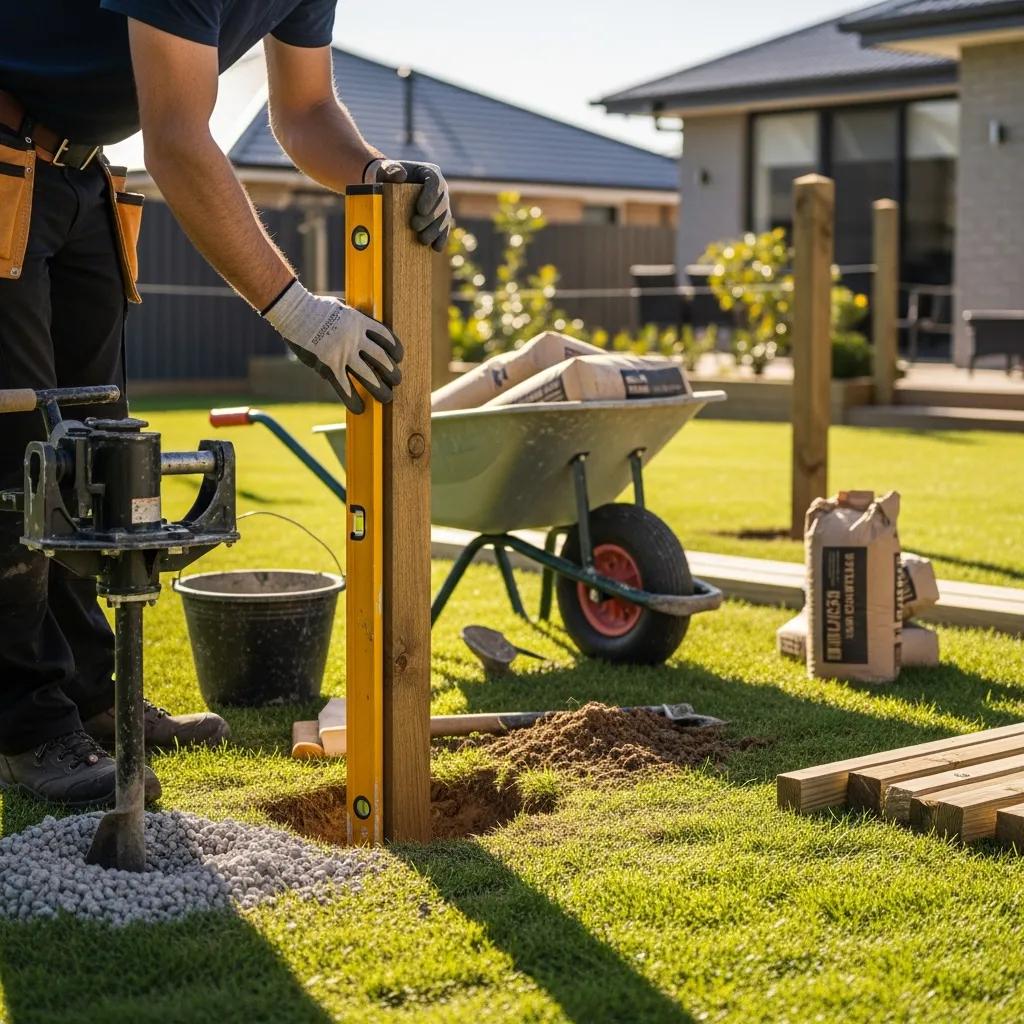 Professional installer setting up fence posts during the fencing installation process