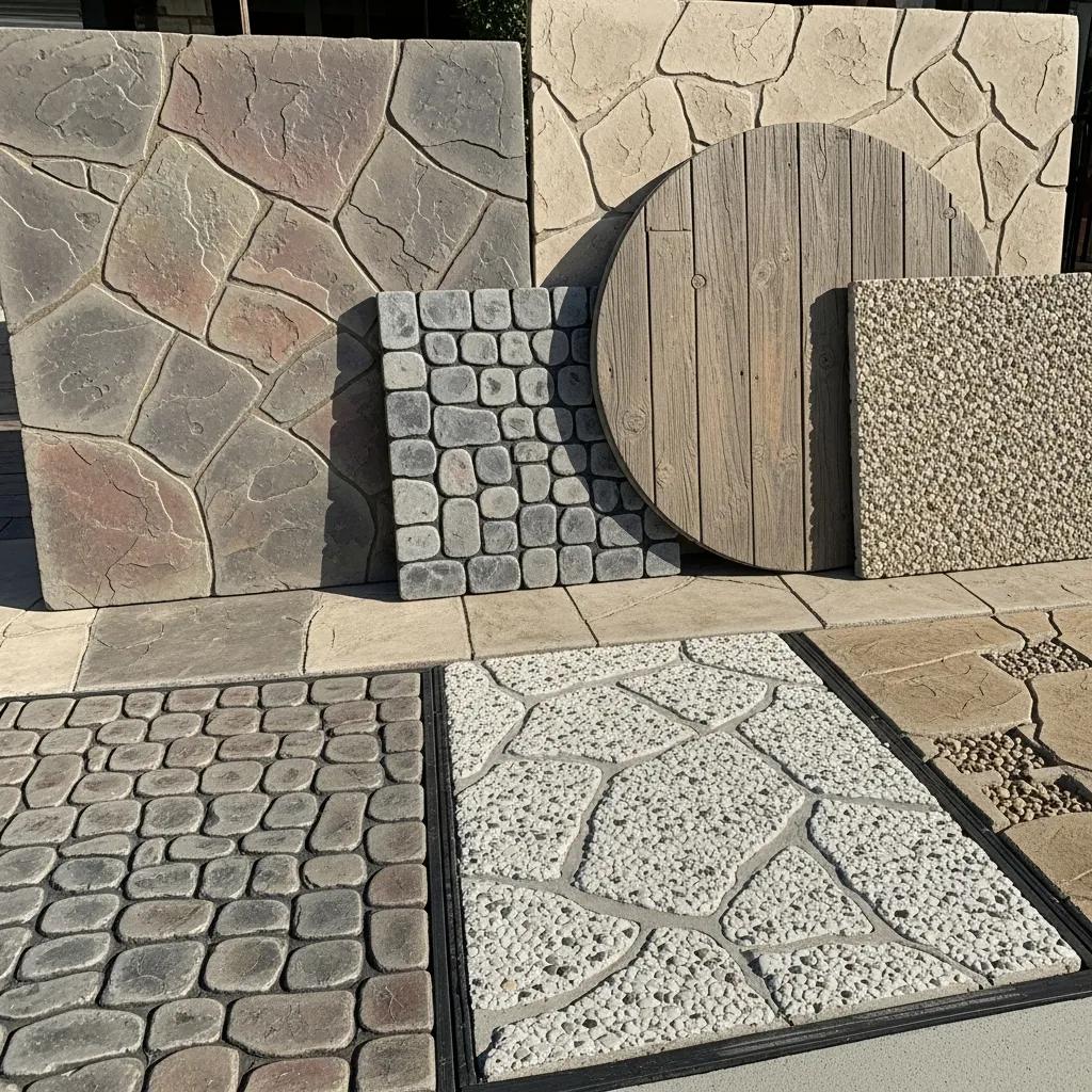 Variety of decorative concrete finishes showcasing textures and colors for patios and driveways