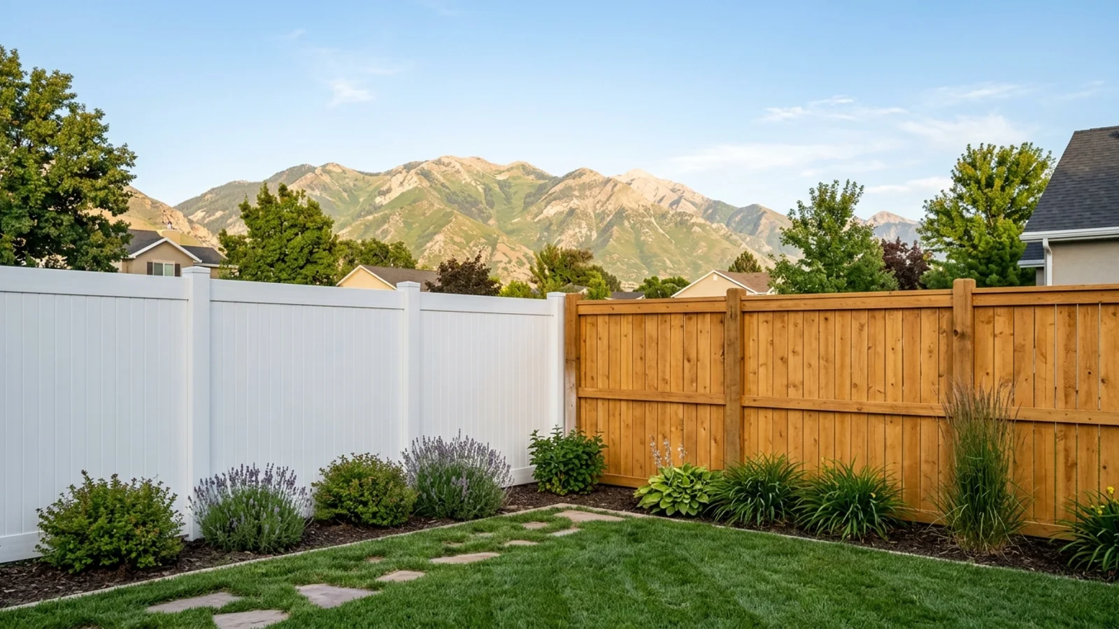 A finished white vinyl privacy fence beside a stained cedar wood fence in a Sandy, Utah backyard with the Wasatch Mountains behind
