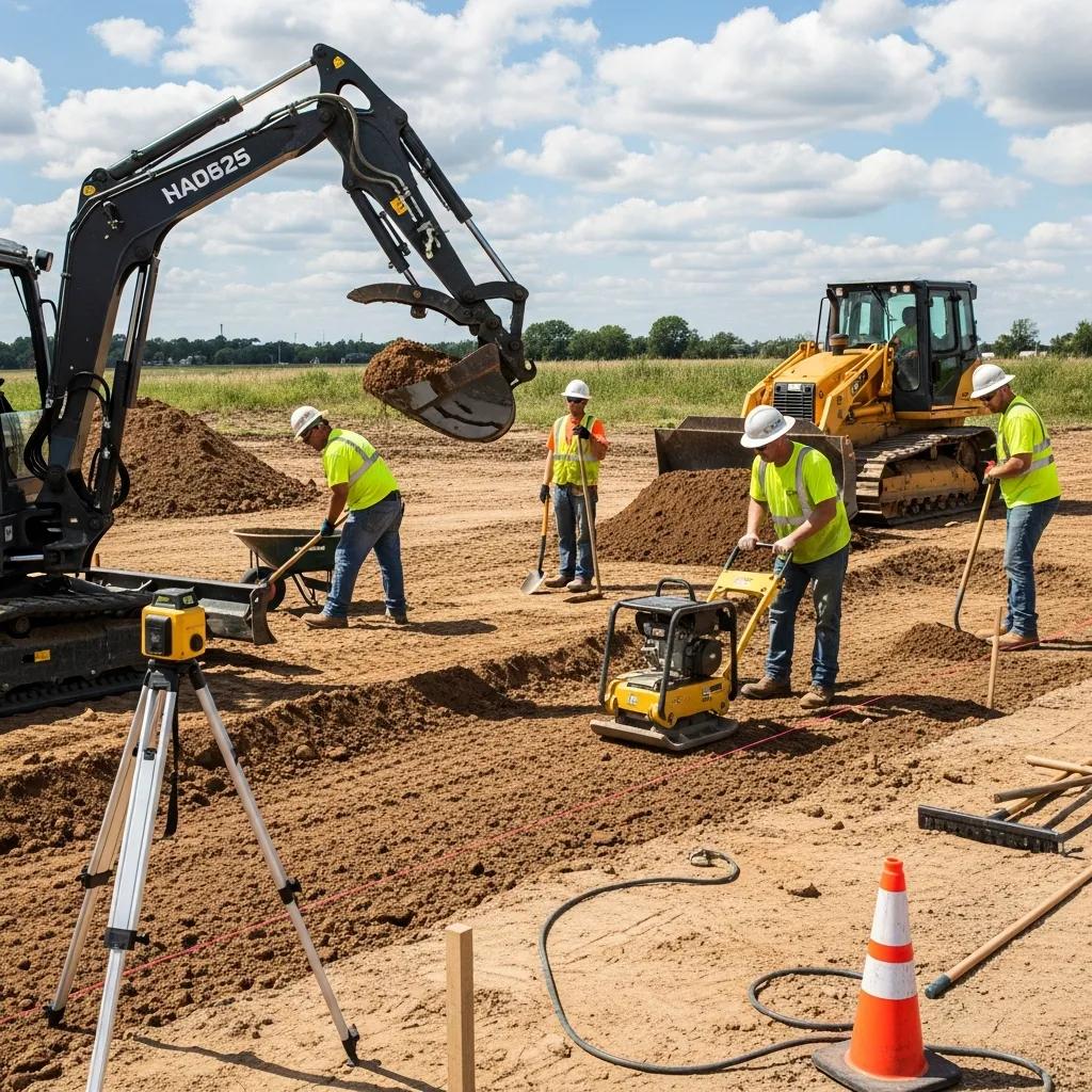 Workers preparing a site for concrete installation with excavation and grading activities